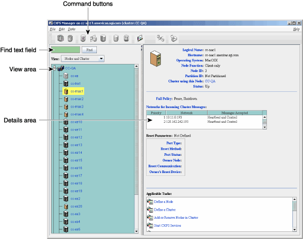 CXFS Manager GUI Showing Details for a Node
