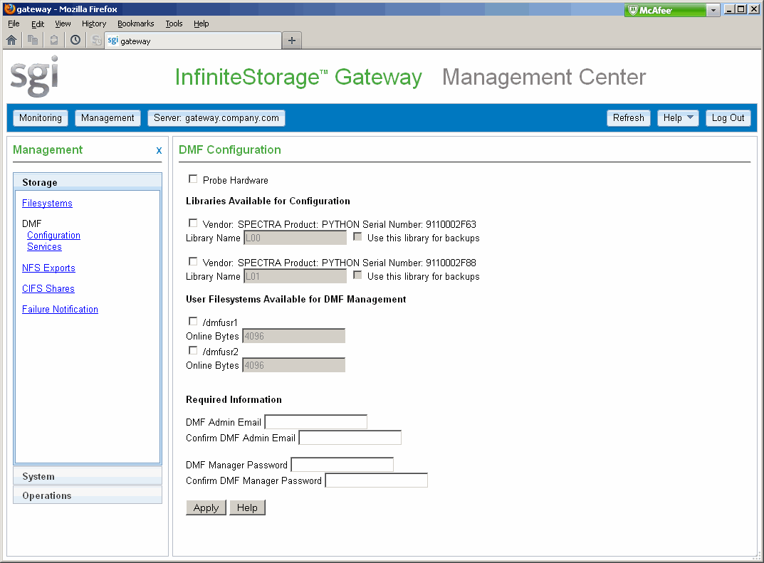 DMF Configuration Page